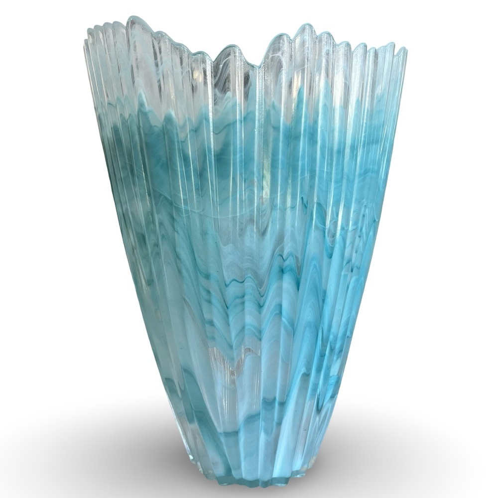 Mid Century Hineri Blue Ombré Ribbed Swung Glass Vase